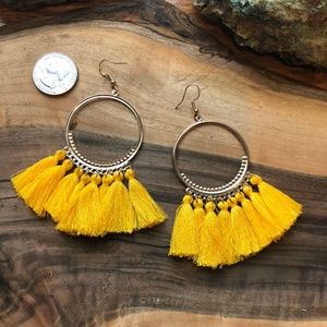 Mustard Yellow Tassel Hoop Chandelier Earrings